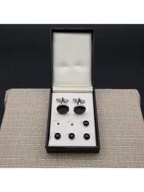 Classic Black Onyx Tuxedo Cufflinks and Studs Set with Silver Trim B1326
